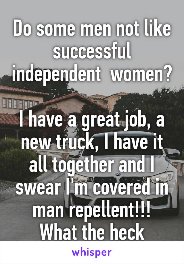 Do some men not like successful independent  women? 
I have a great job, a new truck, I have it all together and I swear I'm covered in man repellent!!! What the heck