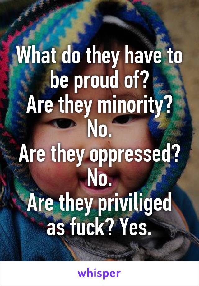 What do they have to be proud of?
Are they minority? No.
Are they oppressed? No.
Are they priviliged as fuck? Yes.