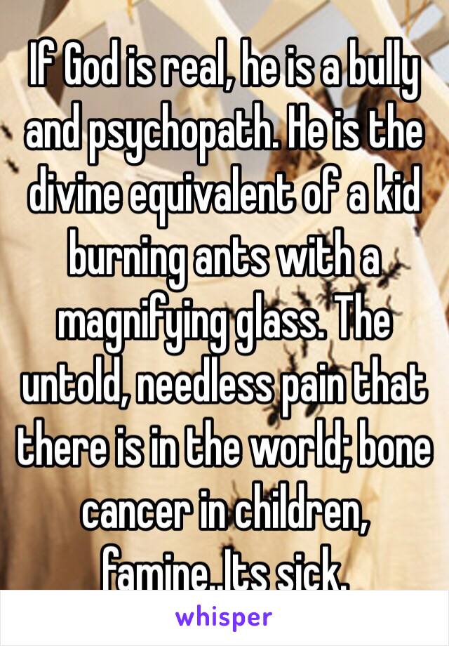 If God is real, he is a bully and psychopath. He is the divine equivalent of a kid burning ants with a magnifying glass. The untold, needless pain that there is in the world; bone cancer in children, famine..Its sick. 