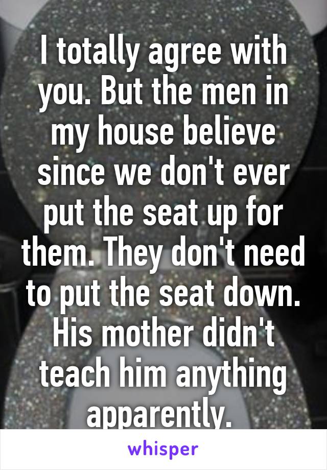 I totally agree with you. But the men in my house believe since we don't ever put the seat up for them. They don't need to put the seat down. His mother didn't teach him anything apparently. 