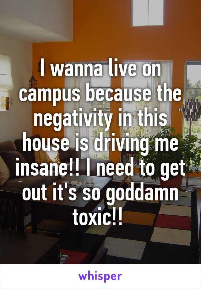 I wanna live on campus because the negativity in this house is driving me insane!! I need to get out it's so goddamn toxic!! 