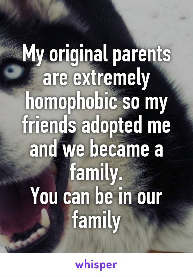 My original parents are extremely homophobic so my friends adopted me and we became a family.
You can be in our family