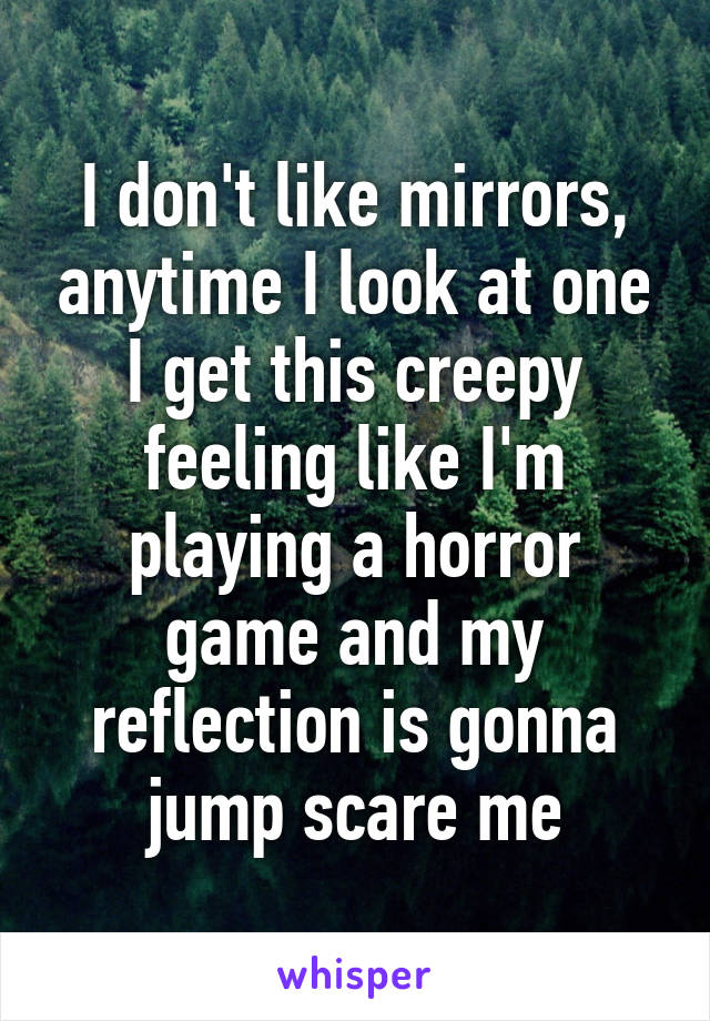 I don't like mirrors, anytime I look at one I get this creepy feeling like I'm playing a horror game and my reflection is gonna jump scare me