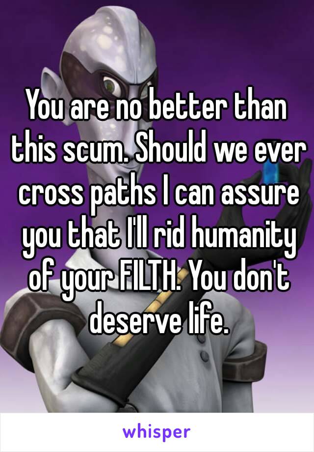 You are no better than this scum. Should we ever cross paths I can assure you that I'll rid humanity of your FILTH. You don't deserve life.
