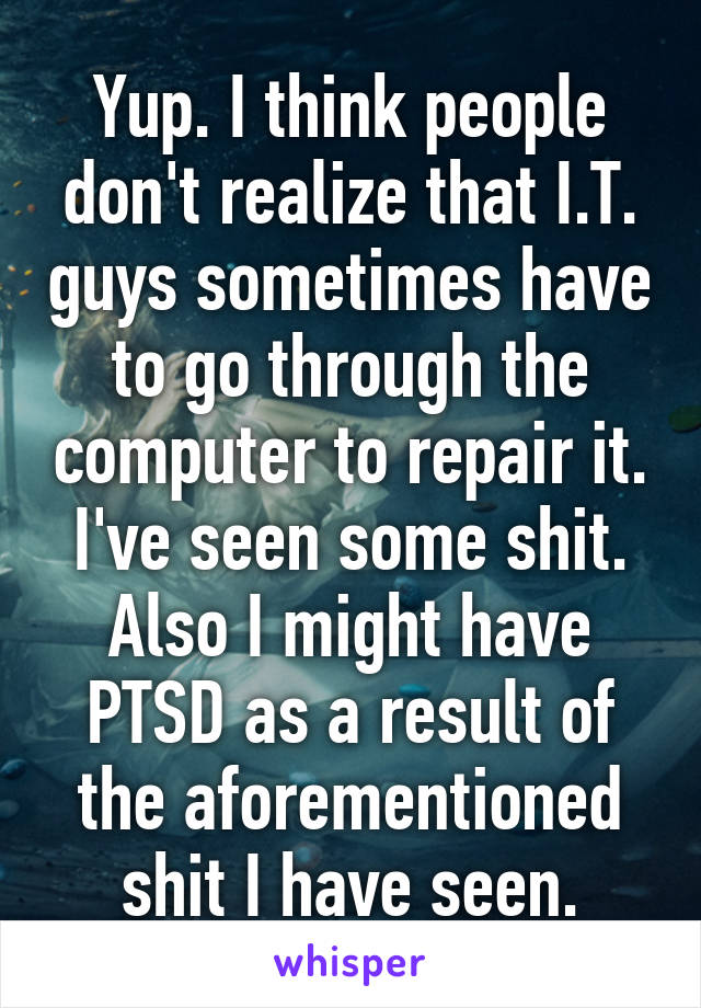 Yup. I think people don't realize that I.T. guys sometimes have to go through the computer to repair it. I've seen some shit. Also I might have PTSD as a result of the aforementioned shit I have seen.