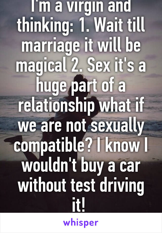 I'm a virgin and thinking: 1. Wait till marriage it will be magical 2. Sex it's a huge part of a relationship what if we are not sexually compatible? I know I wouldn't buy a car without test driving it! 
