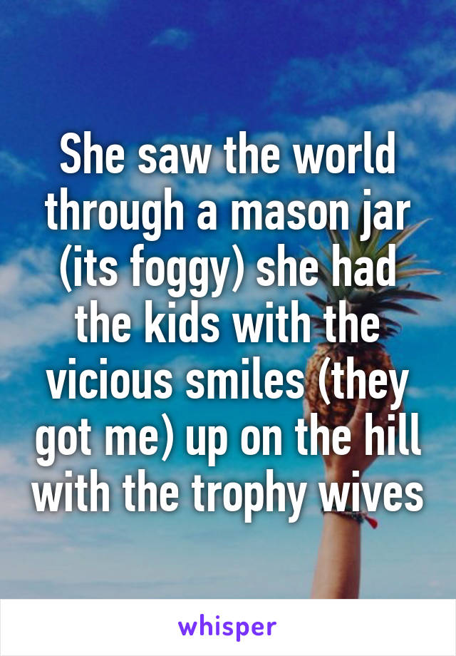 She saw the world through a mason jar (its foggy) she had the kids with the vicious smiles (they got me) up on the hill with the trophy wives