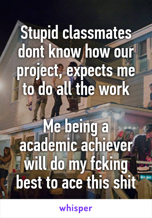 Stupid classmates dont know how our project, expects me to do all the work

Me being a academic achiever will do my fcking best to ace this shit