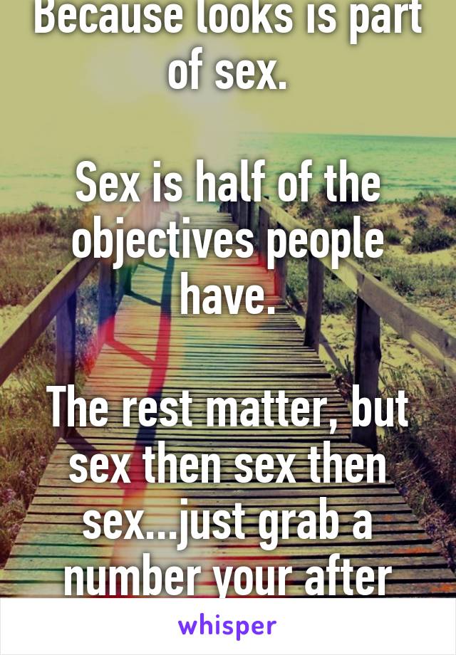 Because looks is part of sex.

Sex is half of the objectives people have.

The rest matter, but sex then sex then sex...just grab a number your after sex.