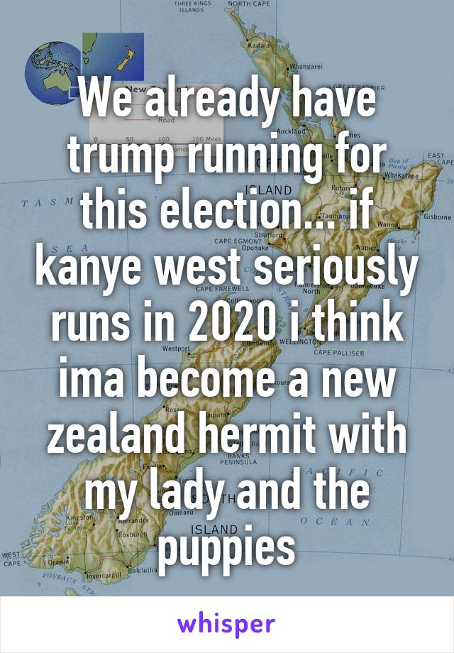 We already have trump running for this election... if kanye west seriously runs in 2020 i think ima become a new zealand hermit with my lady and the puppies