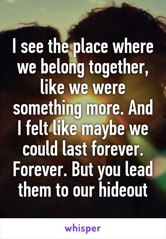 I see the place where we belong together, like we were something more. And I felt like maybe we could last forever. Forever. But you lead them to our hideout