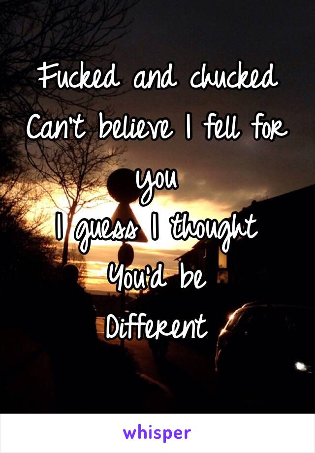 Fucked and chucked 
Can't believe I fell for you 
I guess I thought 
You'd be
Different 