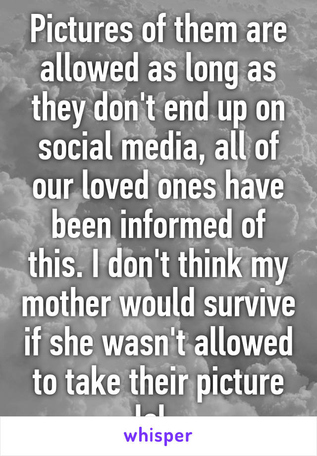 Pictures of them are allowed as long as they don't end up on social media, all of our loved ones have been informed of this. I don't think my mother would survive if she wasn't allowed to take their picture lol. 