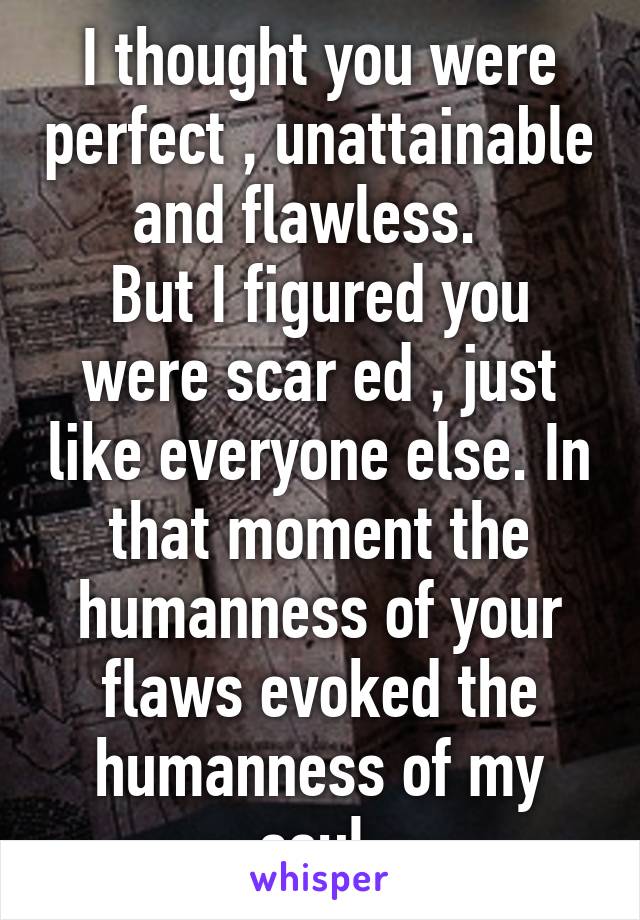 I thought you were perfect , unattainable and flawless.  
But I figured you were scar ed , just like everyone else. In that moment the humanness of your flaws evoked the humanness of my soul.