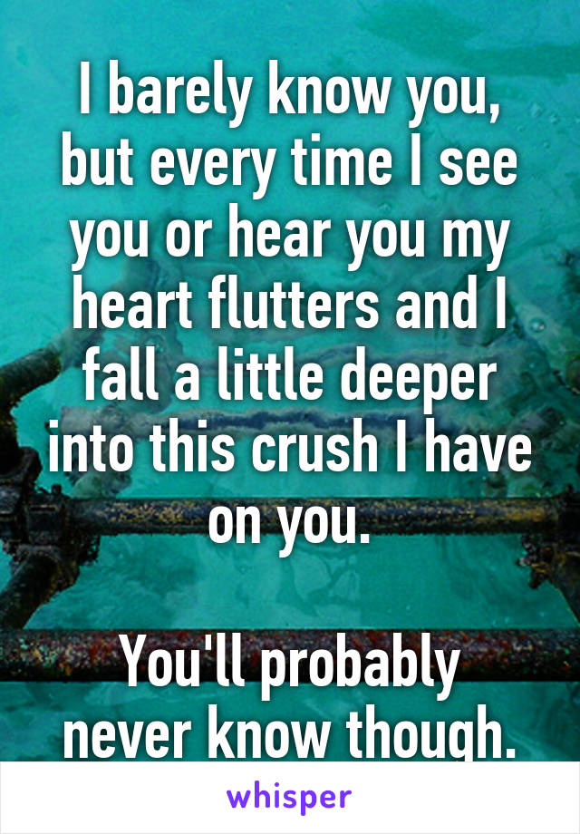 I barely know you, but every time I see you or hear you my heart flutters and I fall a little deeper into this crush I have on you.

You'll probably never know though.