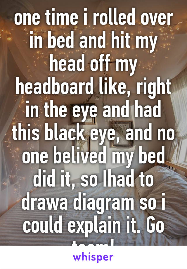 one time i rolled over in bed and hit my head off my headboard like, right in the eye and had this black eye, and no one belived my bed did it, so Ihad to drawa diagram so i could explain it. Go team!