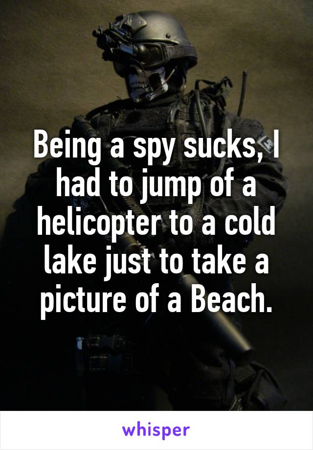 Being a spy sucks, I had to jump of a helicopter to a cold lake just to take a picture of a Beach.