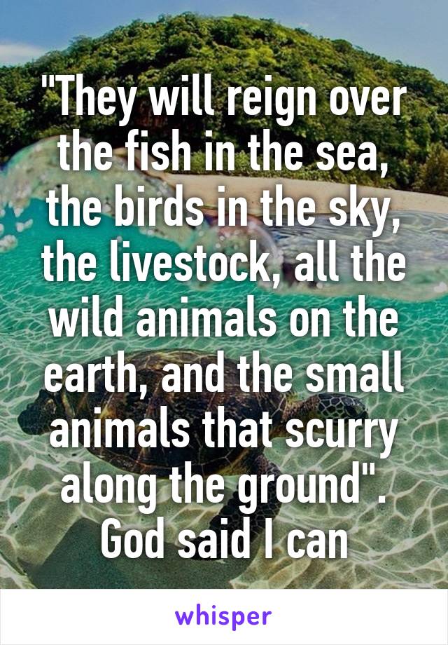 "They will reign over the fish in the sea, the birds in the sky, the livestock, all the wild animals on the earth, and the small animals that scurry along the ground". God said I can