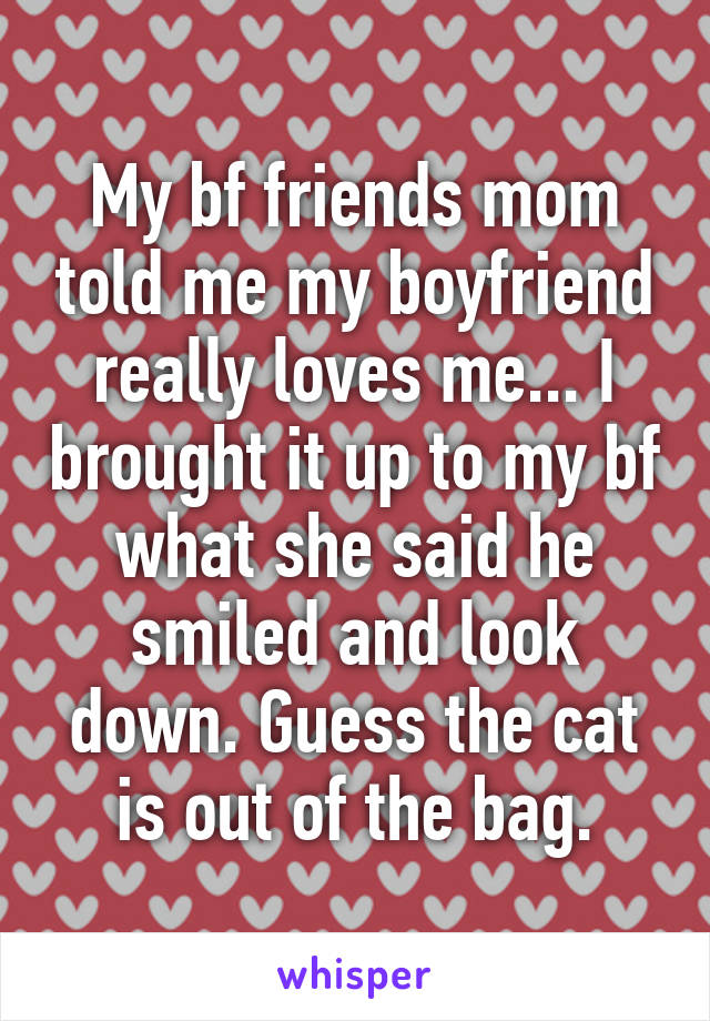 My bf friends mom told me my boyfriend really loves me... I brought it up to my bf what she said he smiled and look down. Guess the cat is out of the bag.