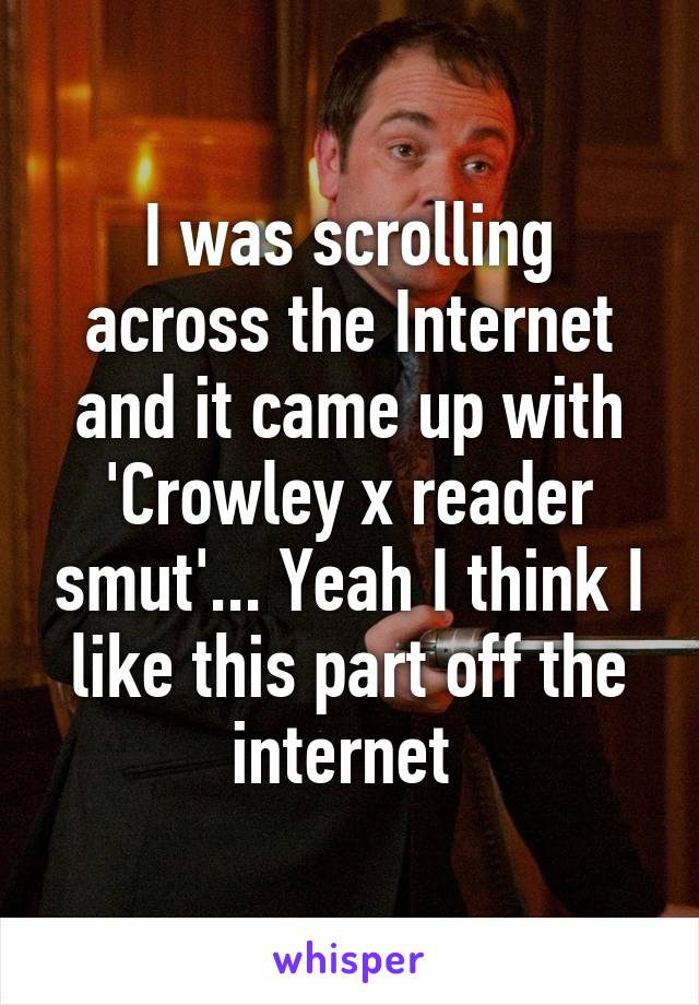 I was scrolling across the Internet and it came up with 'Crowley x reader smut'... Yeah I think I like this part off the internet 