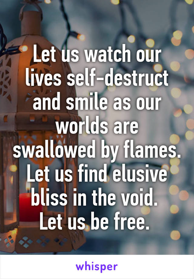 Let us watch our lives self-destruct and smile as our worlds are swallowed by flames.
Let us find elusive bliss in the void. 
Let us be free. 