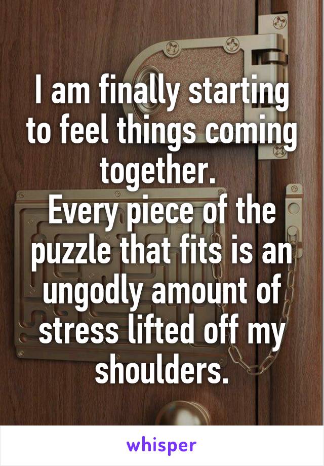 I am finally starting to feel things coming together. 
Every piece of the puzzle that fits is an ungodly amount of stress lifted off my shoulders.