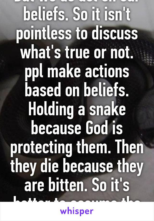 But we do act on our beliefs. So it isn't pointless to discuss what's true or not. ppl make actions based on beliefs. Holding a snake because God is protecting them. Then they die because they are bitten. So it's better to assume the least