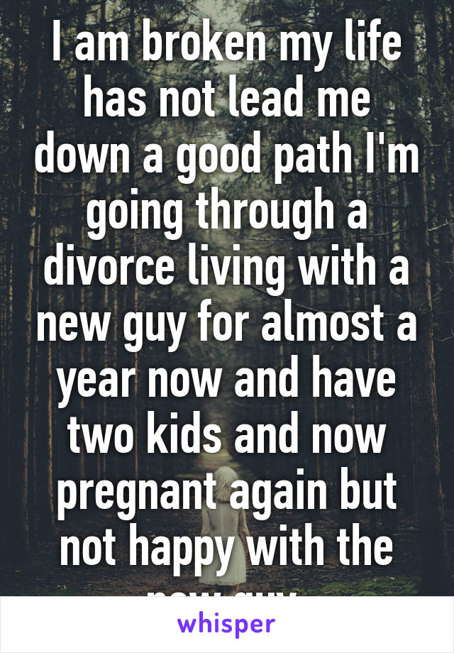 I am broken my life has not lead me down a good path I'm going through a divorce living with a new guy for almost a year now and have two kids and now pregnant again but not happy with the new guy 