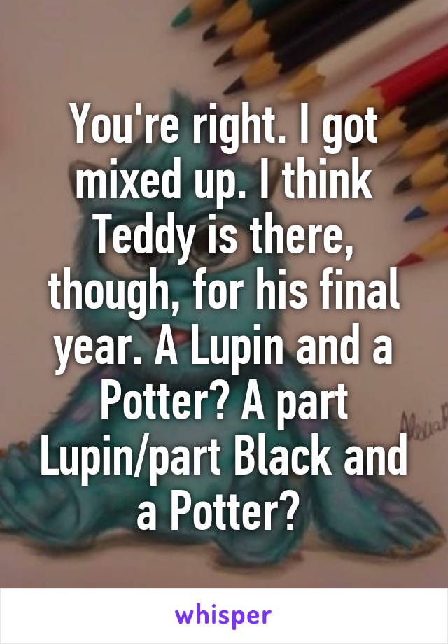 You're right. I got mixed up. I think Teddy is there, though, for his final year. A Lupin and a Potter? A part Lupin/part Black and a Potter? 