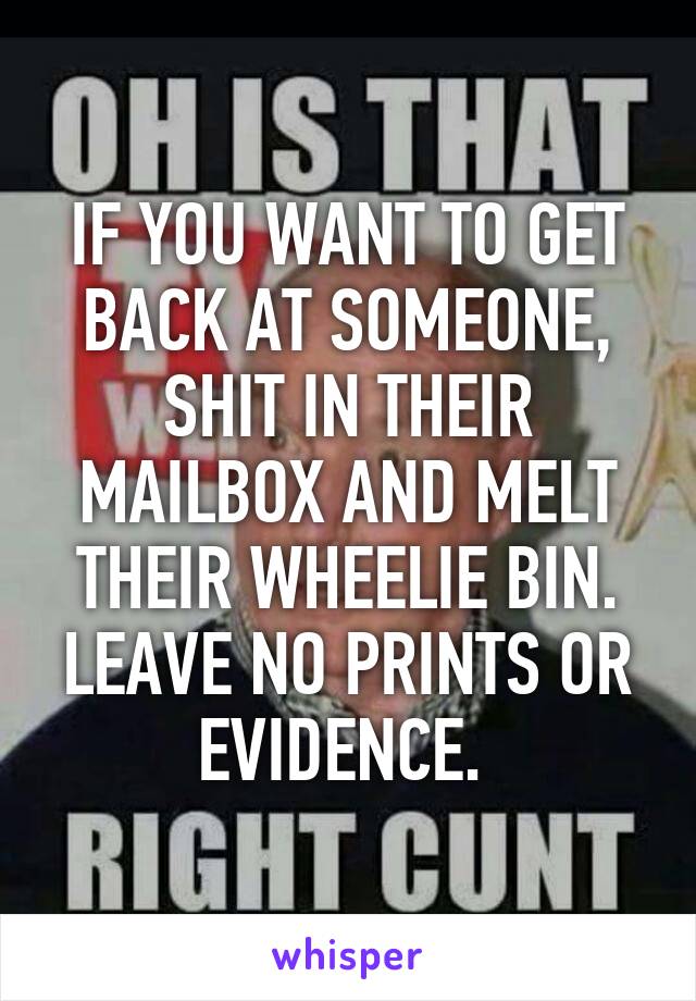 IF YOU WANT TO GET BACK AT SOMEONE, SHIT IN THEIR MAILBOX AND MELT THEIR WHEELIE BIN. LEAVE NO PRINTS OR EVIDENCE. 