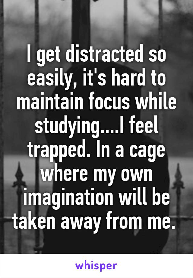 I get distracted so easily, it's hard to maintain focus while studying....I feel trapped. In a cage where my own imagination will be taken away from me. 