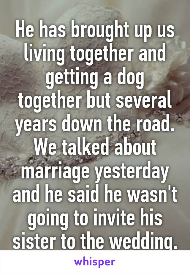 He has brought up us living together and getting a dog together but several years down the road. We talked about marriage yesterday and he said he wasn't going to invite his sister to the wedding.