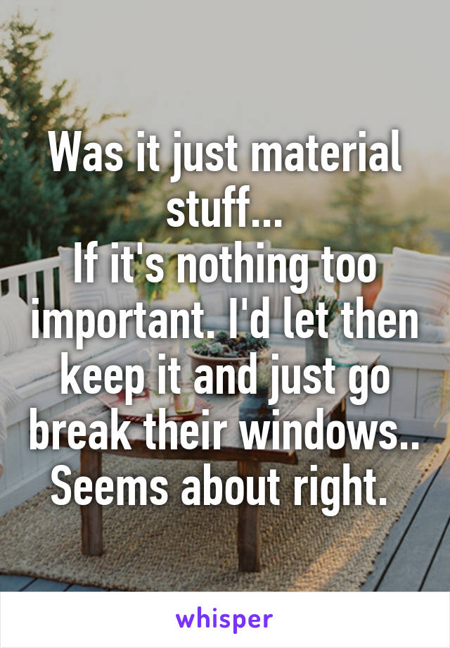 Was it just material stuff...
If it's nothing too important. I'd let then keep it and just go break their windows..
Seems about right. 