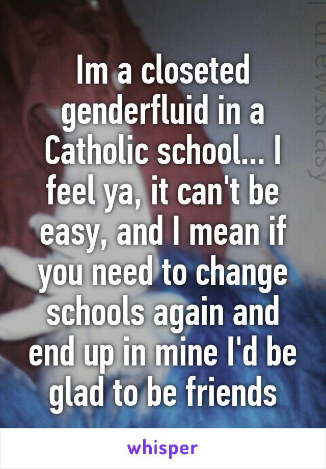 Im a closeted genderfluid in a Catholic school... I feel ya, it can't be easy, and I mean if you need to change schools again and end up in mine I'd be glad to be friends