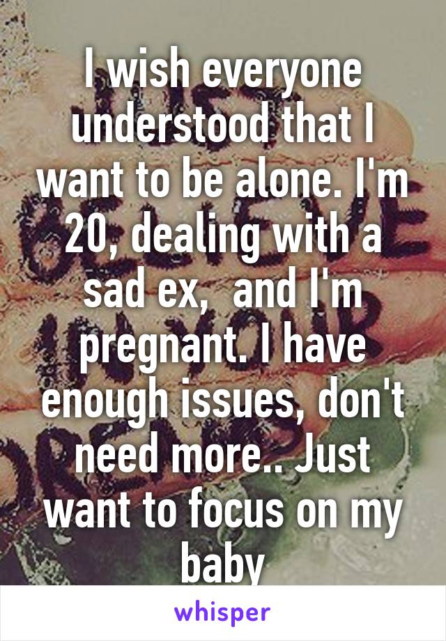 I wish everyone understood that I want to be alone. I'm 20, dealing with a sad ex,  and I'm pregnant. I have enough issues, don't need more.. Just want to focus on my baby