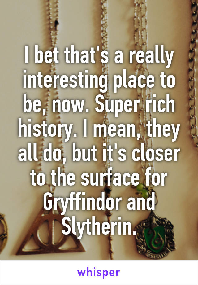 I bet that's a really interesting place to be, now. Super rich history. I mean, they all do, but it's closer to the surface for Gryffindor and Slytherin.