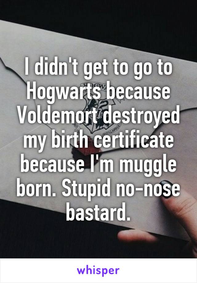 I didn't get to go to Hogwarts because Voldemort destroyed my birth certificate because I'm muggle born. Stupid no-nose bastard.