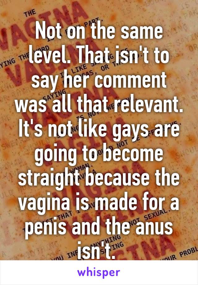 Not on the same level. That isn't to say her comment was all that relevant. It's not like gays are going to become straight because the vagina is made for a penis and the anus isn't. 