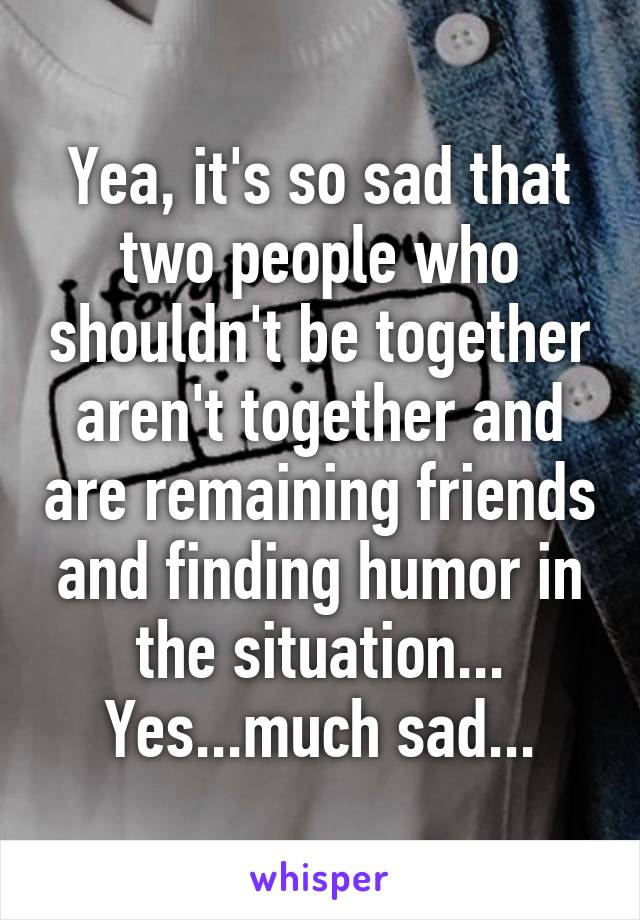 Yea, it's so sad that two people who shouldn't be together aren't together and are remaining friends and finding humor in the situation...
Yes...much sad...