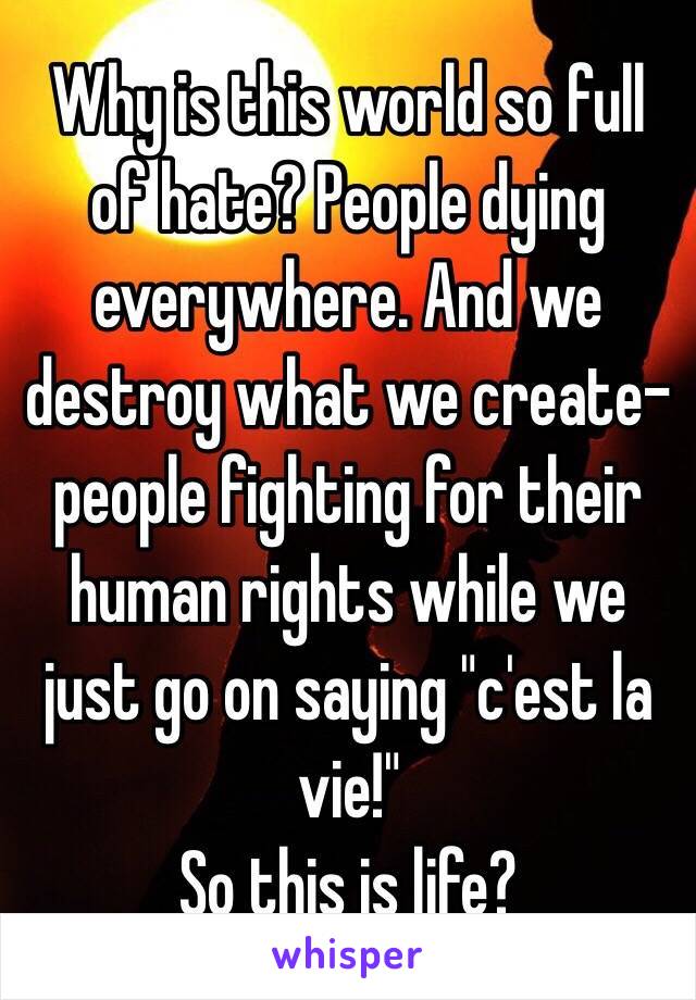Why is this world so full of hate? People dying everywhere. And we destroy what we create- people fighting for their human rights while we just go on saying "c'est la vie!"
So this is life?