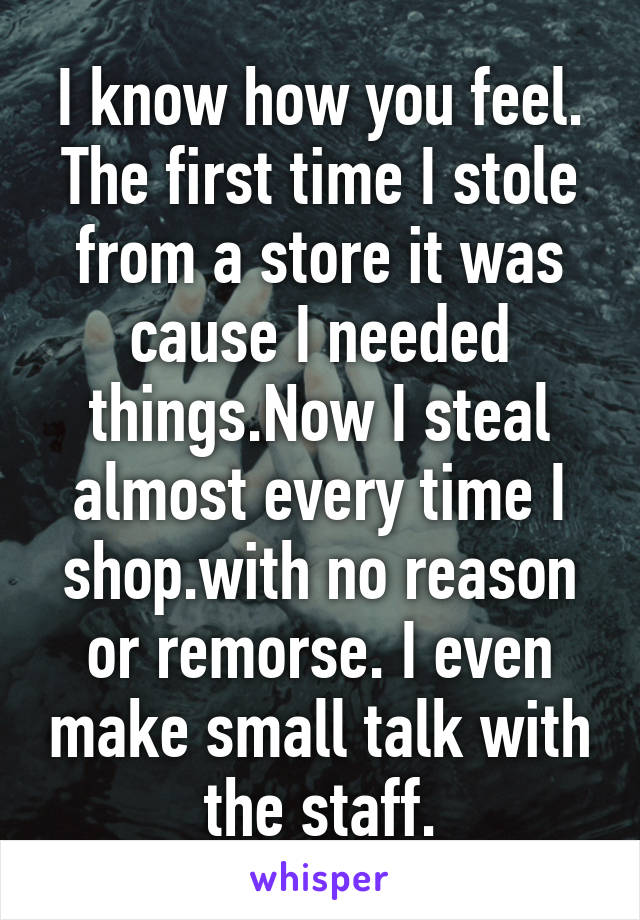 I know how you feel. The first time I stole from a store it was cause I needed things.Now I steal almost every time I shop.with no reason or remorse. I even make small talk with the staff.