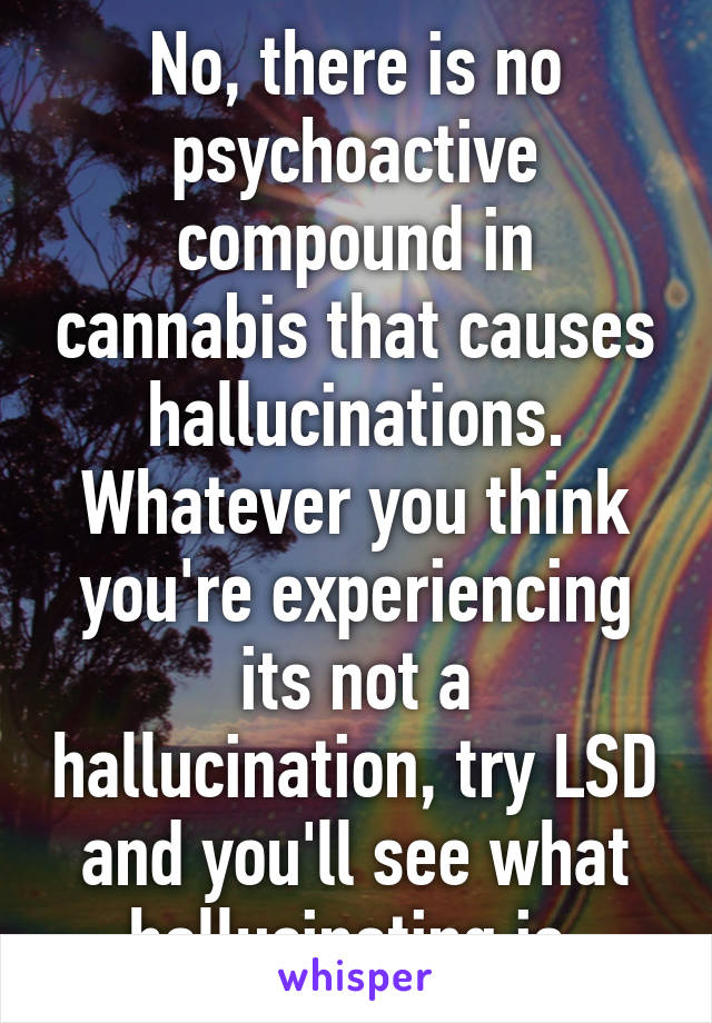 No, there is no psychoactive compound in cannabis that causes hallucinations. Whatever you think you're experiencing its not a hallucination, try LSD and you'll see what hallucinating is.