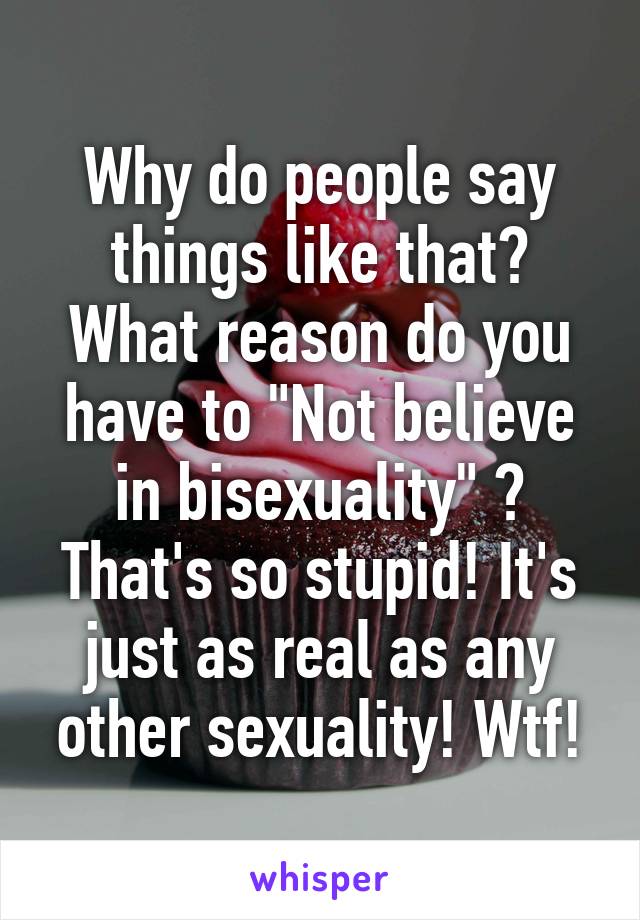 Why do people say things like that? What reason do you have to "Not believe in bisexuality" ? That's so stupid! It's just as real as any other sexuality! Wtf!