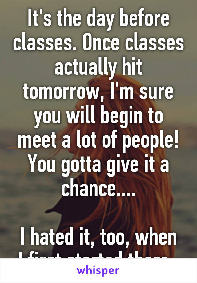 It's the day before classes. Once classes actually hit tomorrow, I'm sure you will begin to meet a lot of people! You gotta give it a chance....

I hated it, too, when I first started there. 