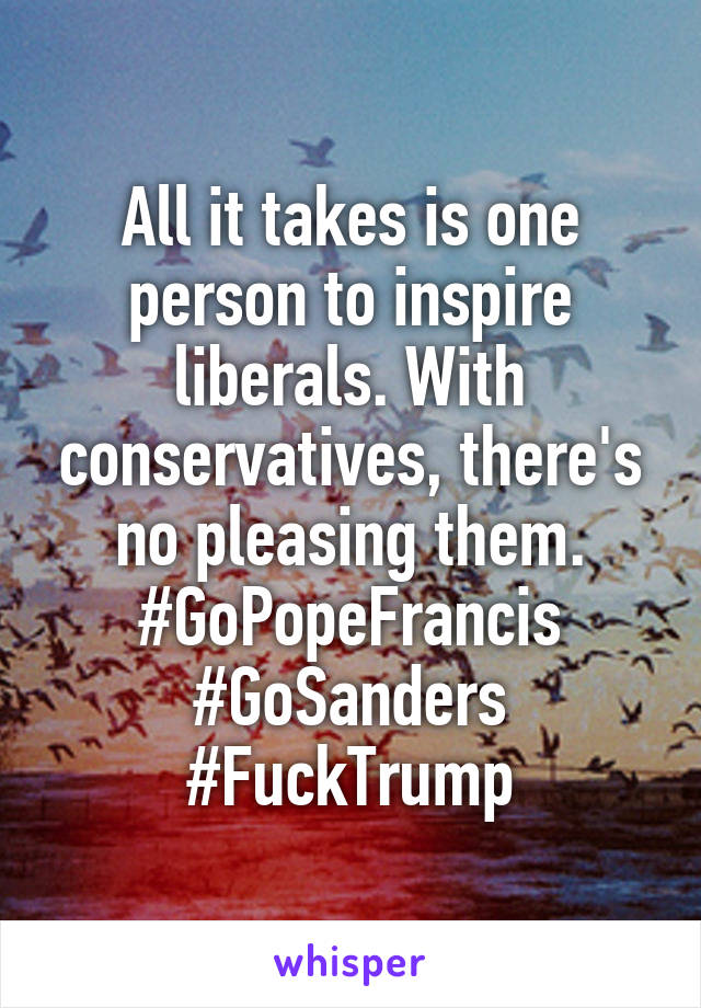 All it takes is one person to inspire liberals. With conservatives, there's no pleasing them. #GoPopeFrancis #GoSanders #FuckTrump