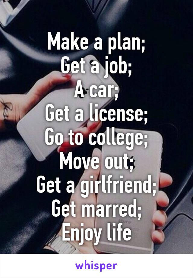 Make a plan;
Get a job;
A car;
Get a license;
Go to college;
Move out;
Get a girlfriend;
Get marred;
Enjoy life