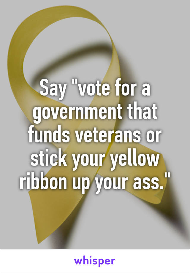 Say "vote for a government that funds veterans or stick your yellow ribbon up your ass."