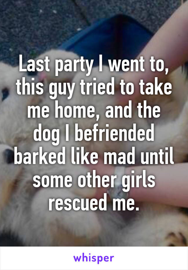 Last party I went to, this guy tried to take me home, and the dog I befriended barked like mad until some other girls rescued me.