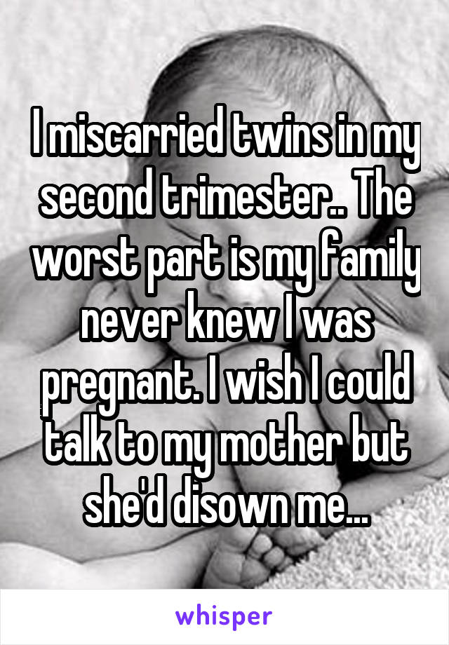 I miscarried twins in my second trimester.. The worst part is my family never knew I was pregnant. I wish I could talk to my mother but she'd disown me...