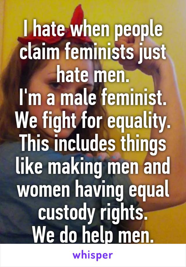 I hate when people claim feminists just hate men.
I'm a male feminist. We fight for equality. This includes things like making men and women having equal custody rights.
We do help men.